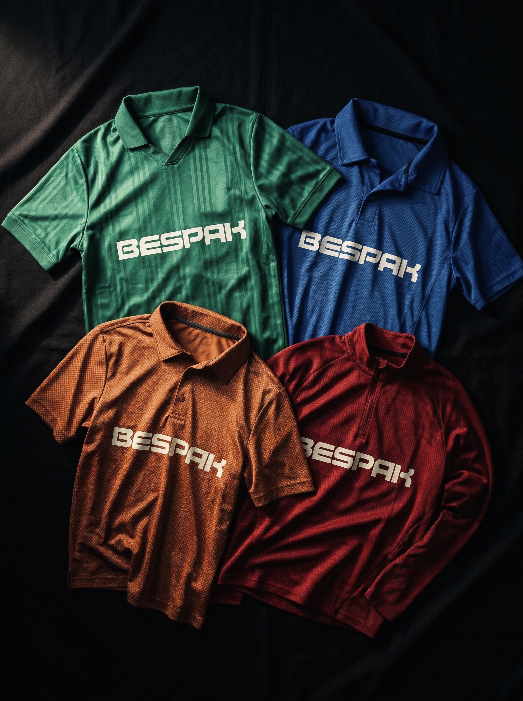 Bespak sportswear collection — polo shirts and technical quarter-zips in multiple colours